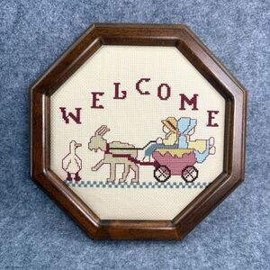 Vintage Completed Cross Stitch Welcome Wagon Wooden Frame Home Decor Cottagecore